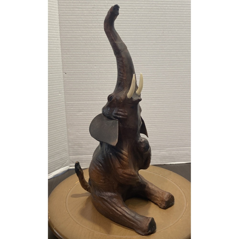 Vintage Leather Wrapped Baby Elephant Glass‎ Eyes Leather Ears Trunk Up 16" Tall